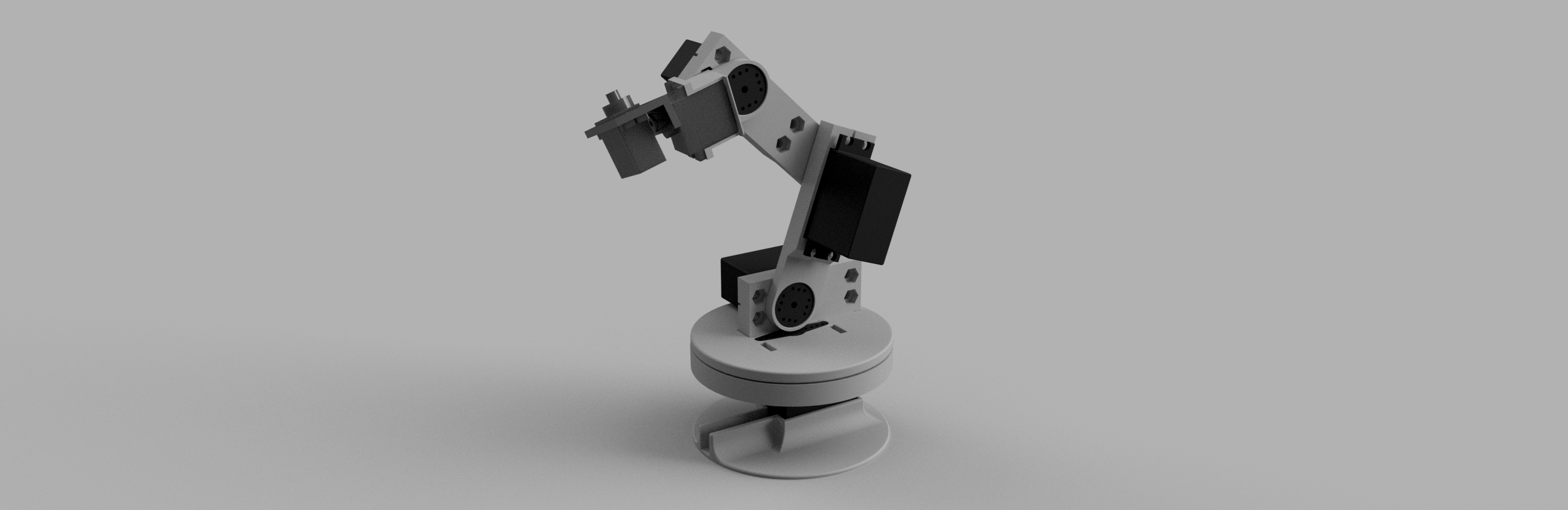CAD render of the robot arm, showing the six servos and the gripper.